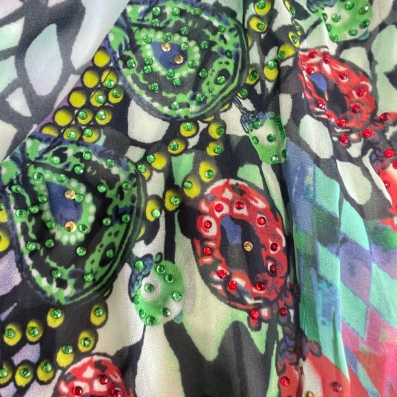 Vibrant Multicolor V-neck Kaftan Dress with rhinestones. One size. Sheer - Picture 7 of 10